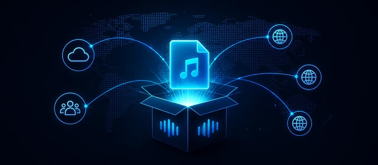 Archivo musical empaquetado conectado con la nube, audiencias y destinos globales de entrega.