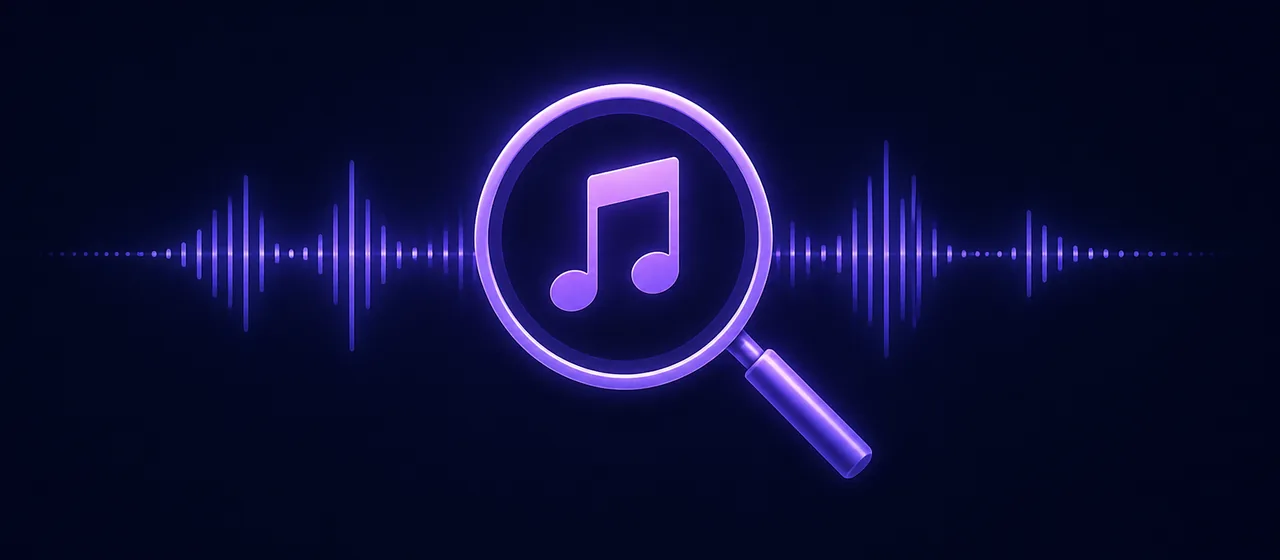 Lupa revisando una nota musical sobre una forma de onda de audio.